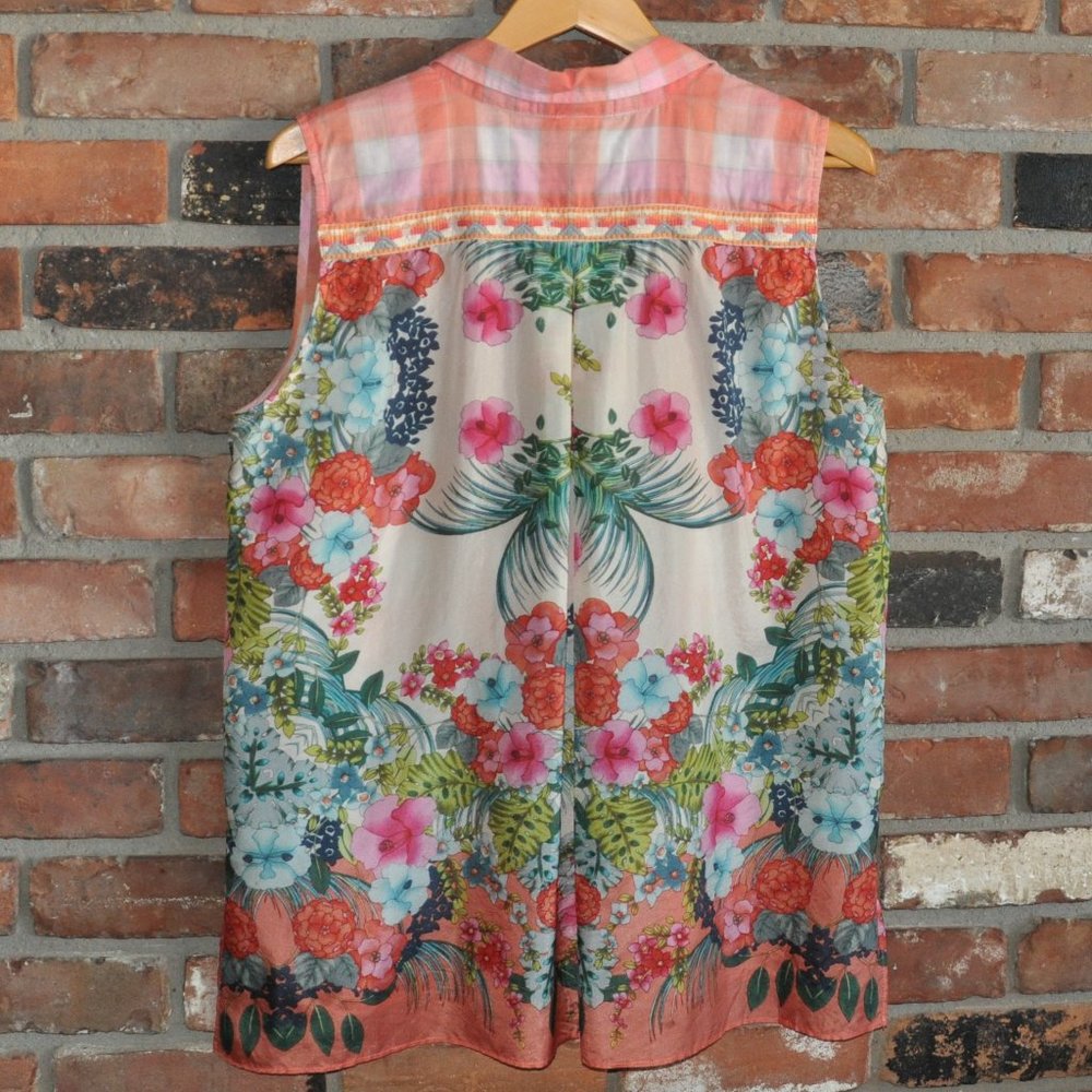 JOHNNY WAS 3J Workshop Sleeveless Blouse Silk Cotton Floral Sheer Plaid Tunic M